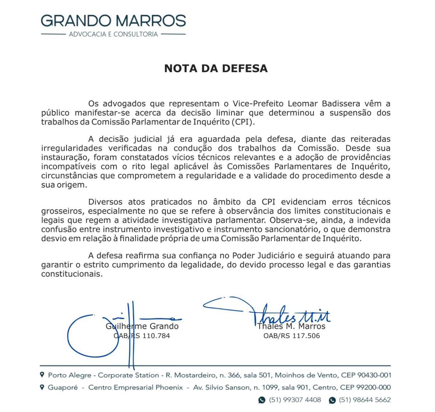 CPI | Nota Oficial da Defesa do Vice-Prefeito Pipo Baldissera